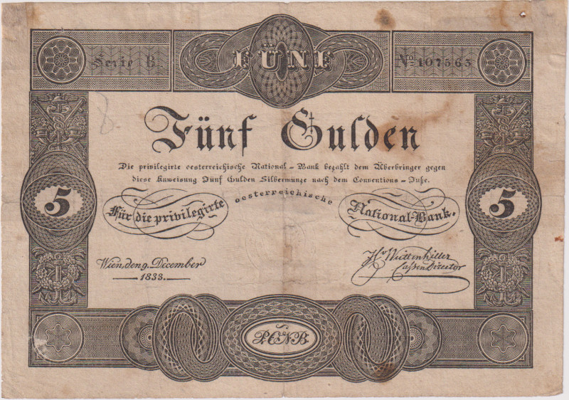 5 Gulden 1833, 3rd issue of Privilegierte Österreichische National-Bank, restore...