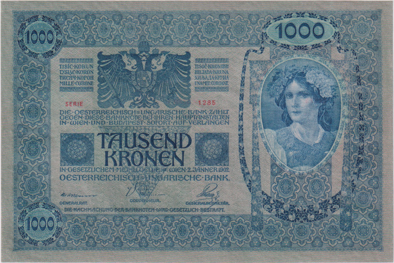 1000 Koruna 1902, gray-green underprint, BKK RU11a, Pick 8a, Hej RU5a
UNC