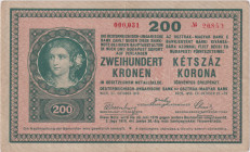200 Koruna 1918, series 000,031, austrian issue, the rarest and in this state of condition almost unavailable type of 200 Koruna 1918, BKK RU13c, Pick...