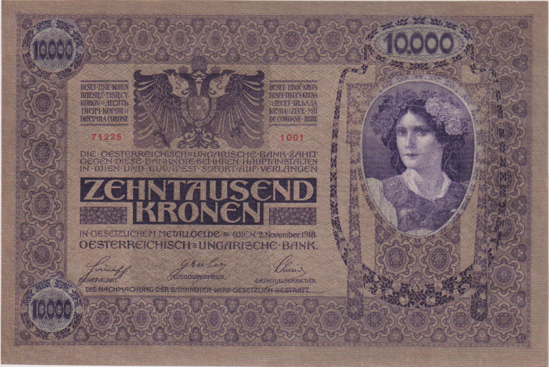 10 000 Koruna 1918, the first series 1001(!), Pick 25, Hej RU19
UNC