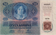 50 Koruna 1914, stamp 1919, stamp with the treasurer's signature, letter D, confirming its authenticity, series 1078, BKK 4, Hej 4
UNC
