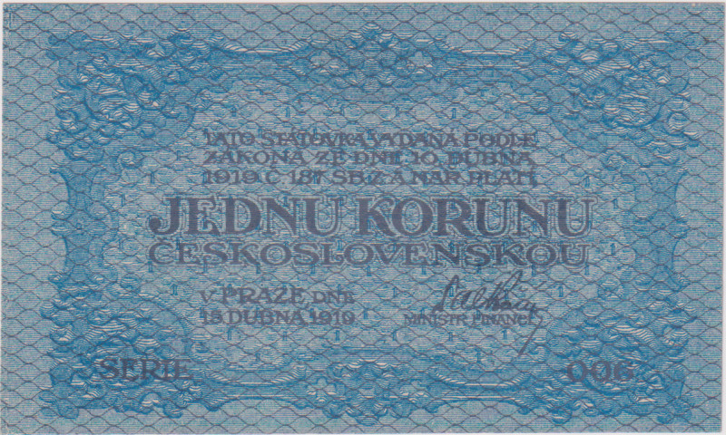 1 Koruna 1919, series 006, blue color, BKK 7, Hej 7
UNC