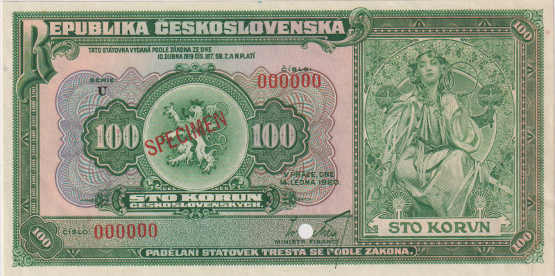 100 Koruna 1920, series U, zero number SPECIMEN, BKK 16a, Hej 16aV2
UNC