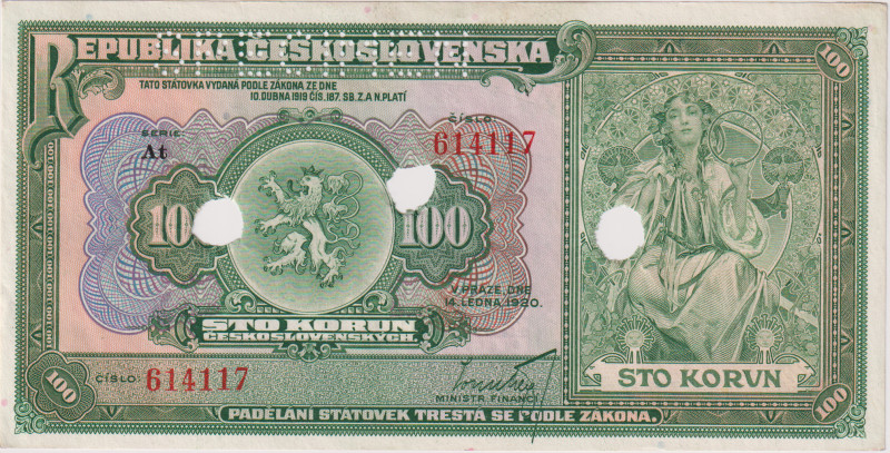 100 Koruna 1920, series At, perforation SPECIMEN and 3x holes 10 mm, very rare i...