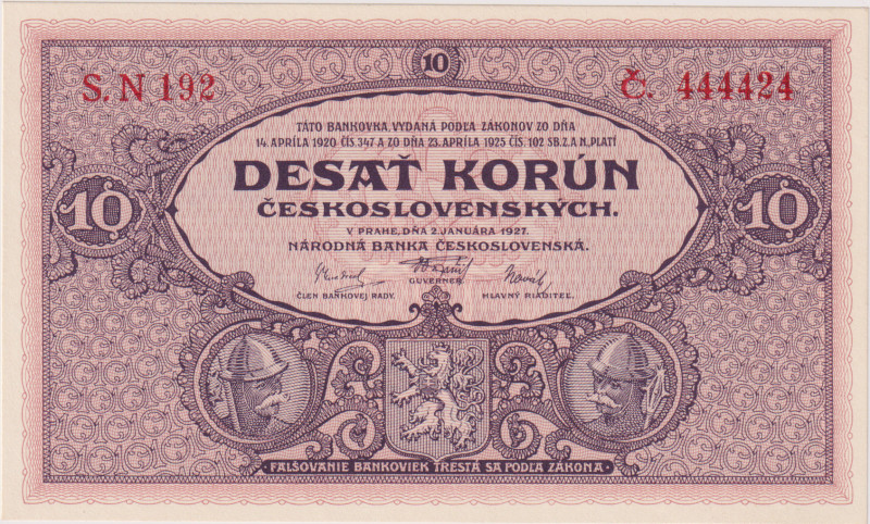 10 Koruna 1927, series S.N 192, interesting number 444424, BKK 22e, Hej 22b
UNC