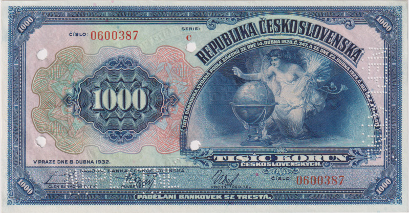 1000 Koruna 1932, series C, 2x perforation NEPLATNÉ, 4x holes 4,5 mm, BKK 26, He...