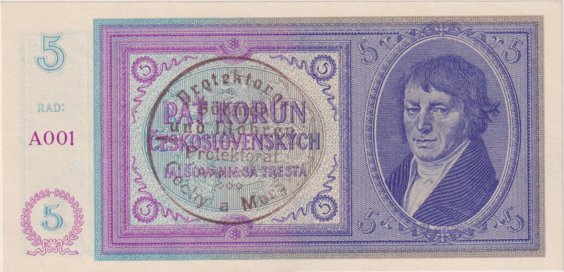 5 Koruna ND(1938/40), the first series A 001(!), hand overprint, BKK 29a, Hej 29...