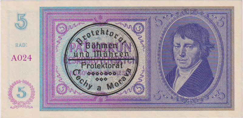 5 Koruna ND(1938/40), series A 024, machine overprint, BKK 29b, Hej 29b
UNC