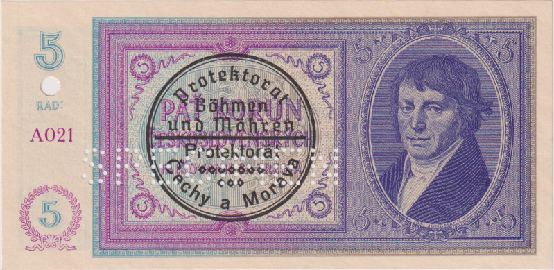 5 Koruna ND(1938/40), series A 021, machine overprint, 1x SPECIMEN below + 1x ho...