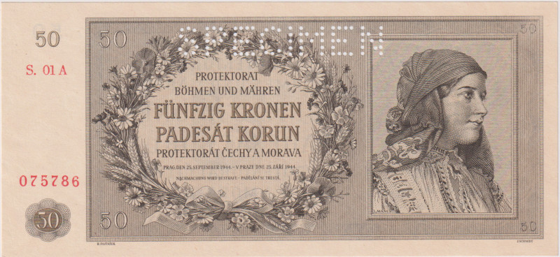 50 Koruna 1944, the first series 01 A(!), SPECIMEN, BKK 42, Hej 42
UNC