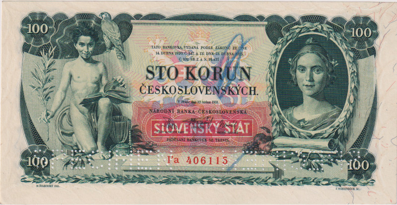 100 Koruna 1931, overprint 1939, series Fa, 2x perforation SPECIMEN, ink pencil,...