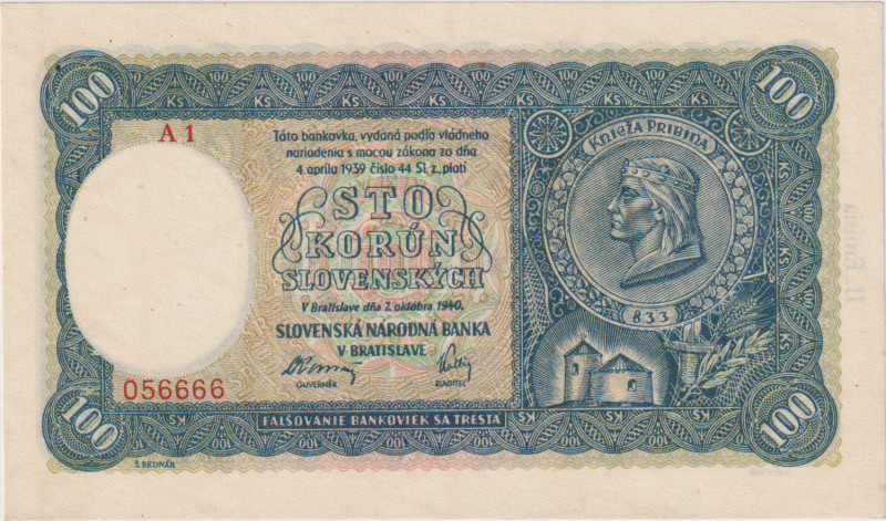 100 Koruna 1940, II.issue, the first series A 1(!), interesting number 056666, B...