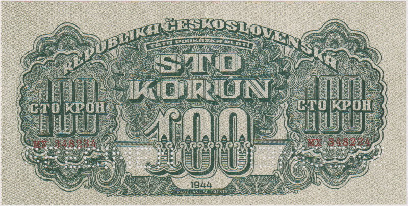 100 Koruna 1944, series MX, type "TÁTO", 2x perforation SPECIMEN, BKK 59a2, Hej ...