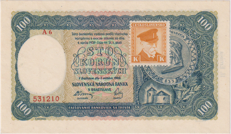 100 Koruna 1940, stamp 1945, II.issue, series A 6, BKK 63a, Hej 63a1
UNC