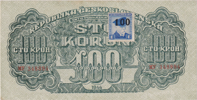 100 Koruna 1944, stamp 1945, series MY, BKK 66a1, Hej 66a
UNC