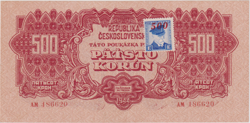 500 Koruna 1944, stamp 1945, series AM, BKK 67, Hej 67
UNC