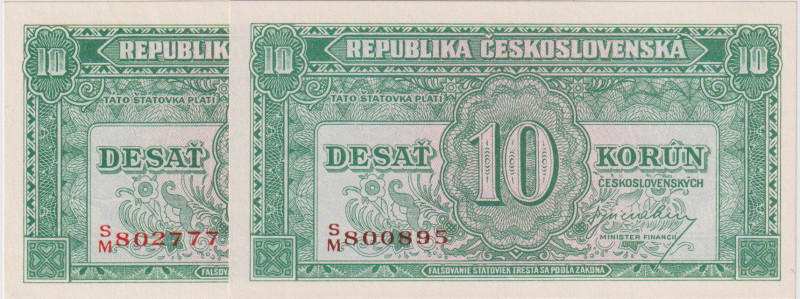 10 Koruna ND(1945), series S/M, red and brown serial number, 2pcs, BKK 71, Hej 7...