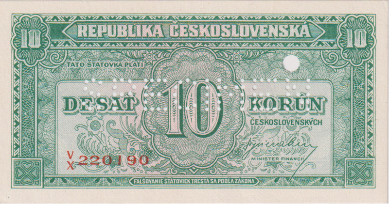 10 Koruna ND(1945), series V/X, 1x perforation SPECIMEN + hole. 4,5 mm, BKK 71, ...