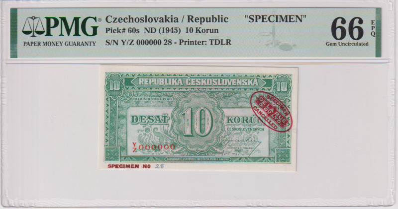 10 Koruna ND(1945), series Y/Z, zero SPECIMEN, overprint SPECIMEN-DE LA RUE & Co...