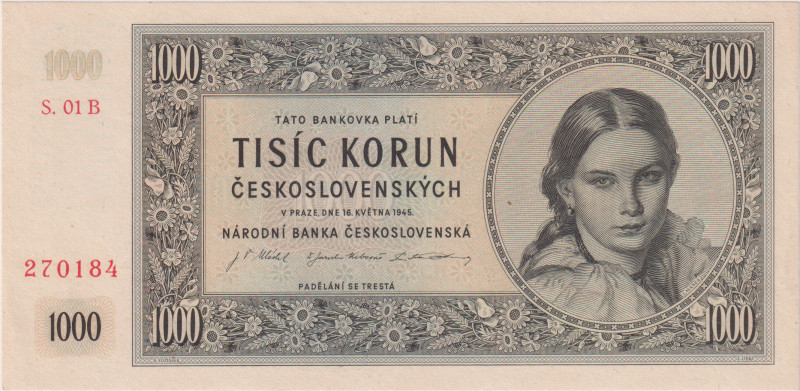 1000 Koruna 1945, the first series 01 B(!), BKK 78b, Hej 78b
UNC