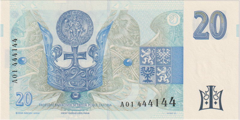 20 Koruna 1994, the first series A 01(!), interesting number 444144, BKK CZ10a, ...