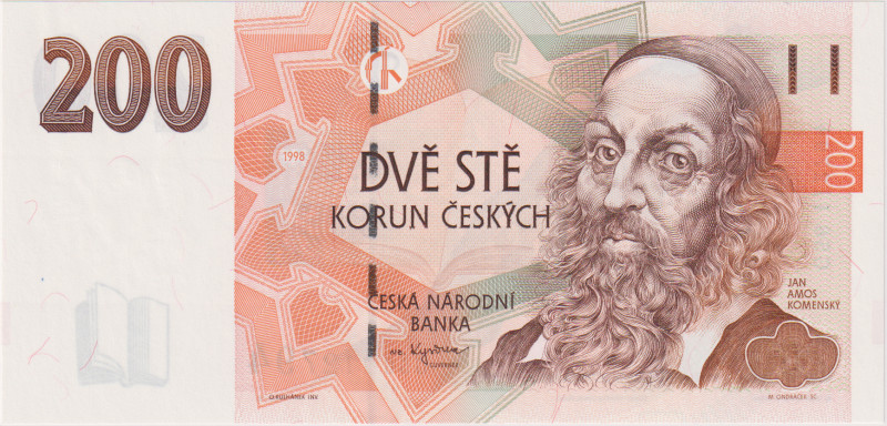 200 Koruna 1998, series G 56, ERROR - a window strip with microtext passes over ...