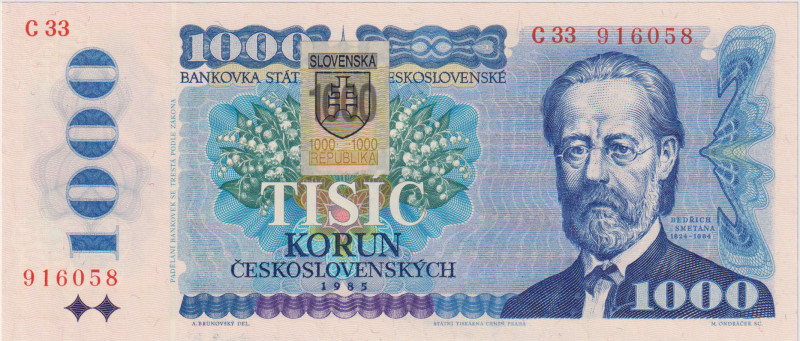 1000 Koruna 1985, stamp 1993, series C 33, BKK SK5, Hej SK6a
UNC