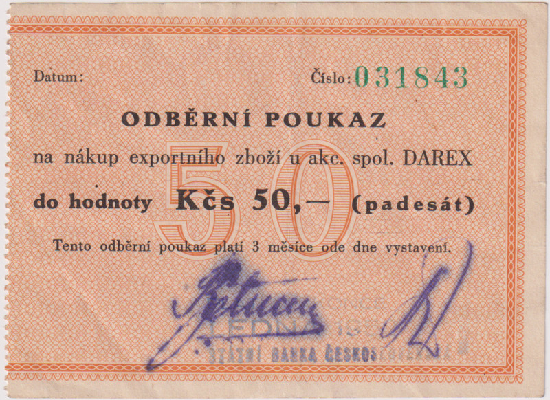 50 Koruna ND, Darex Odběrný poukaz, razítko SBČS Platí do konce ledna 1952, faks...