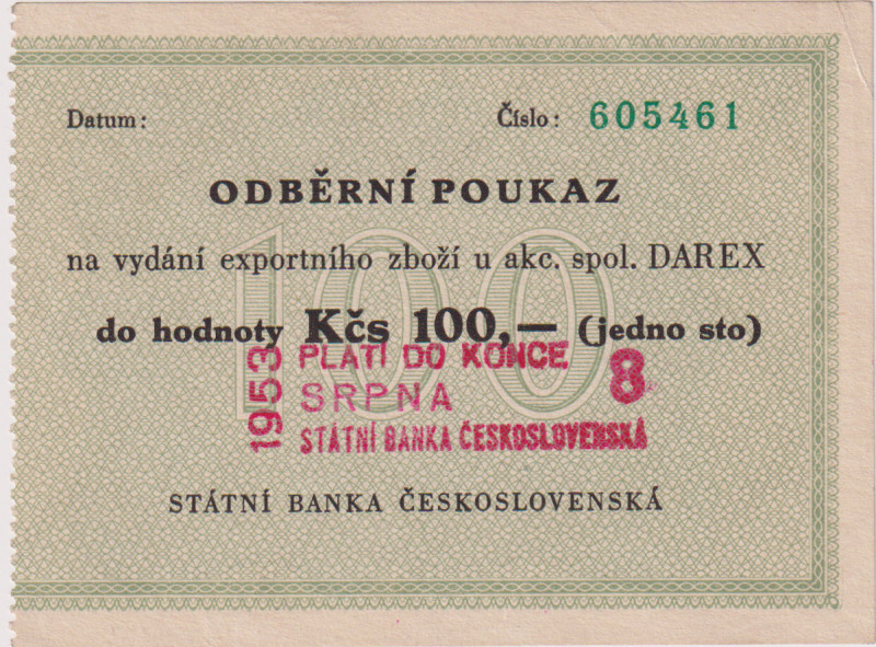 100 Koruna ND, Darex Odběrný poukaz, razítko SBČS Platí do konce srpna 1953, rub...