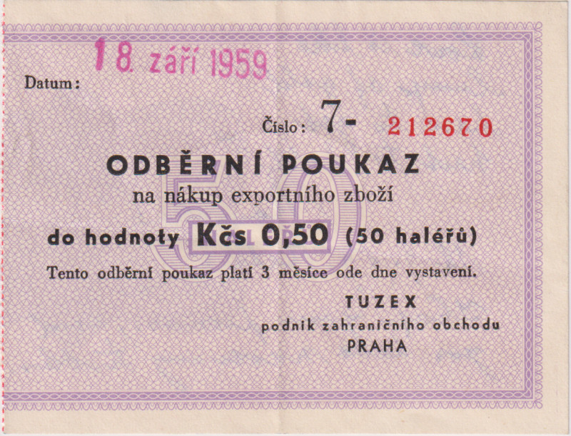 50 haléřů 18. září 1959, Odběrný poukaz TUZEX, podnik zahraničního obchodu Praha...