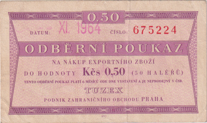 50 haléřů XI.1964, text "Neprodejný v ČSR", 6ti místný číslovač typ 1, bez průsv...