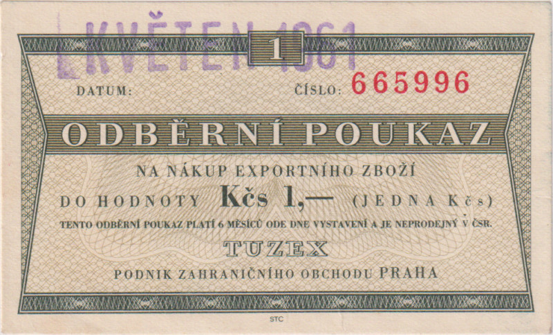 1 Koruna KVĚTEN 1961, text "Neprodejný v ČSR", 6ti místný číslovač typ 2, s průs...