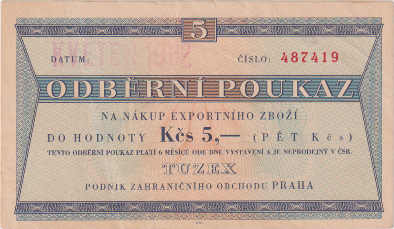 5 Koruna KVĚTEN 1962, text "Neprodejný v ČSR", 6ti místný číslovač typ 2, bez pr...