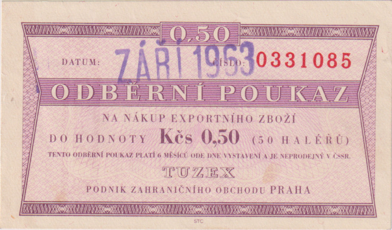 50 haléřů ZÁŘÍ 1963, 7mi místný číslovač, bez průsvitky, KŠK 33 V/1
aUNC...