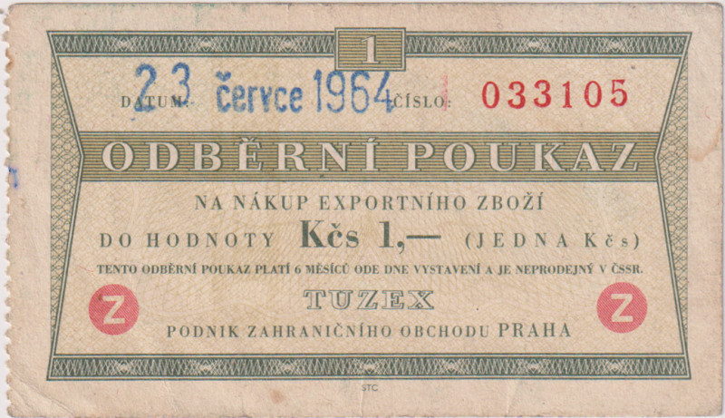 1 Koruna 23. červce 1964, písmeno Z a zoubkovaný levý okraj - poukaz pro prodej ...