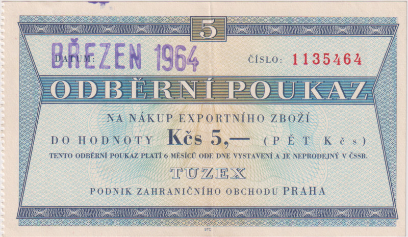 5 Koruna BŘEZEN 1964, zoubkovaný levý okraj - poukaz na prodej v zahraničí, 7mi ...