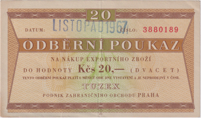 20 Koruna LISTOPAD 1967, 7mi místný číslovač, bez průsvitky, natrž. 2 mm, KŠK 37...