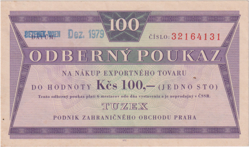 100 Koruna Dez.1979, razítko BEZENEK-WIEN, 8mi místný číslovač, s průsvitkou, KŠ...