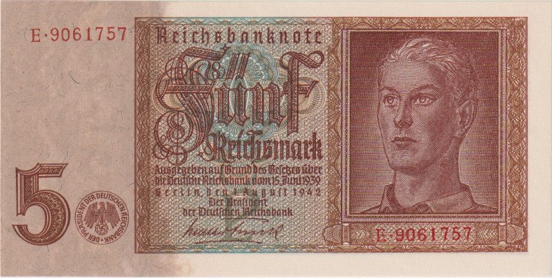 5 Reichsmark 1942, series E/P, 7 digit serial, upside down watermark "5", BKK D1...