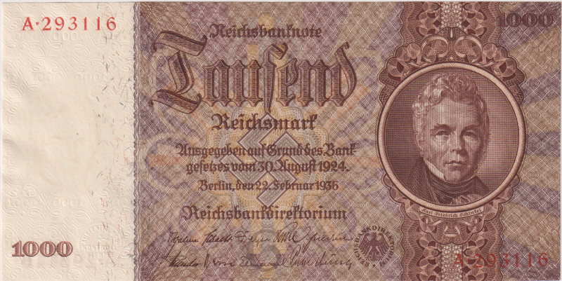 1000 Reichsmark 1936, series A/G, BKK D10, Hej D10
UNC