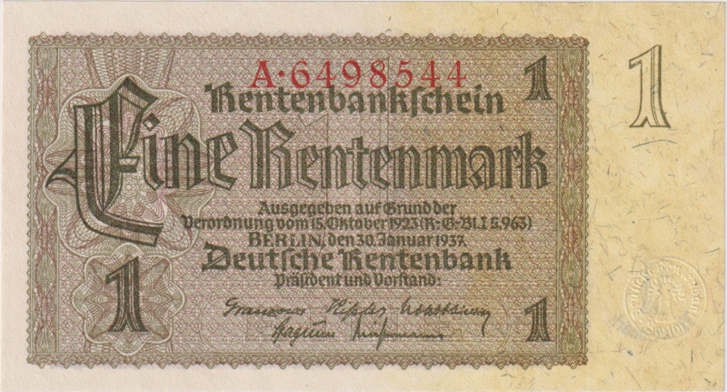 1 Rentenmark 1937, the first series A(!), 7 digit serial, BKK D11a, Hej D11a
UN...