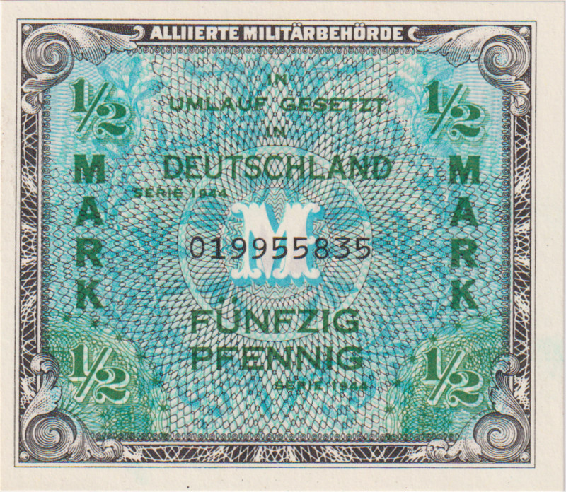 1/2 Marka 1944, printed by USA, 9 digit serial number with "F", BKK AM1a, Hej AM...