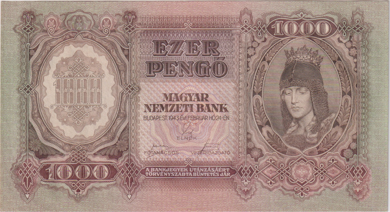 1000 Pengö 1943, series F 073, BKK H12, Hej H12
UNC