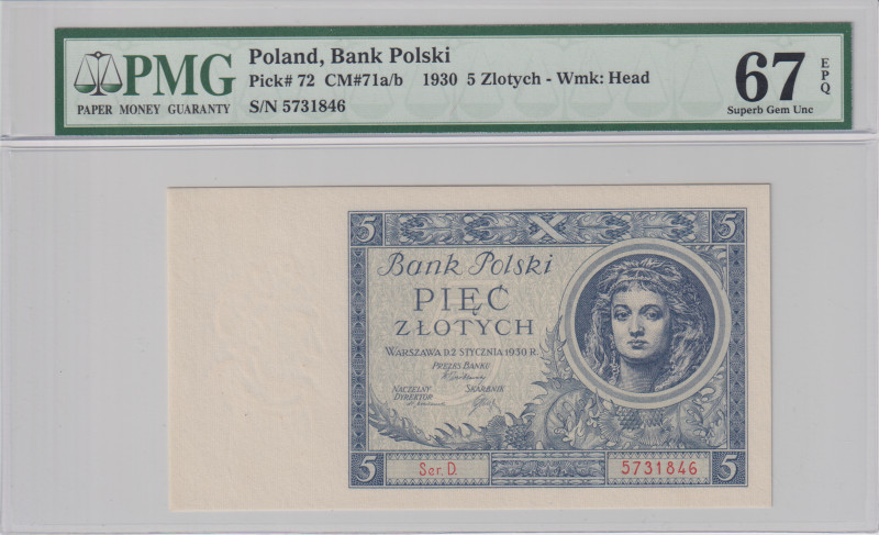 5 Zlotych 1930, series D, PMG grading 67 EPQ, BKK PL3a, Hej PL3a
UNC