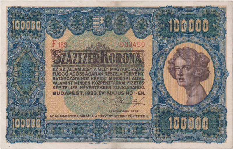 Hungary, 100.000 Koruna 1923, printed by OFZ, Pick 72a
XF-