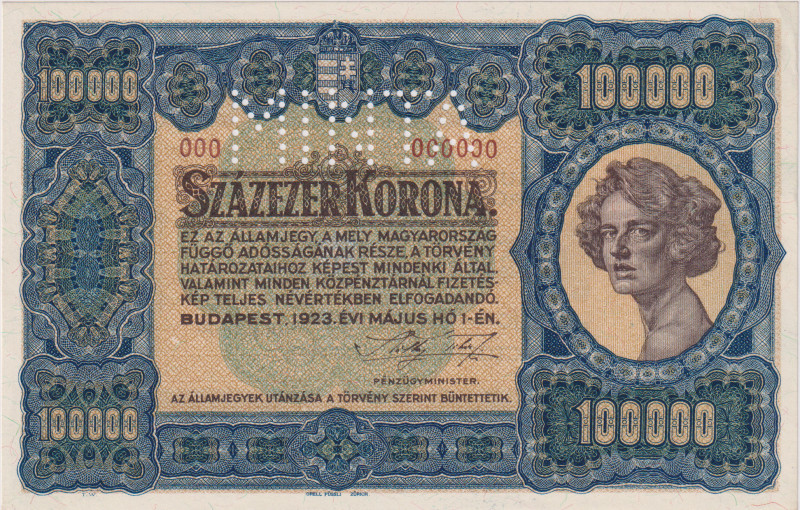 Hungary, 100.000 Koruna 1923, printed by OFZ, zero number SPECIMEN with MINTA pe...