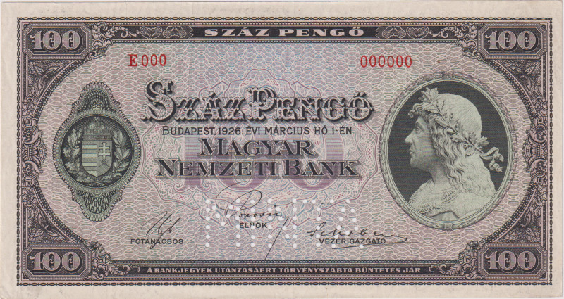 Hungary, 100 Pengö 1926, zero number SPECIMEN with MINTA perforation, Pick 93s
...