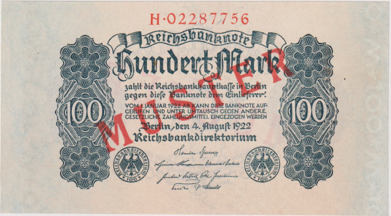 Germany, 100 Marek 1922, series H, MUSTER overprint, Ro. 72M, Pick 75
UNC