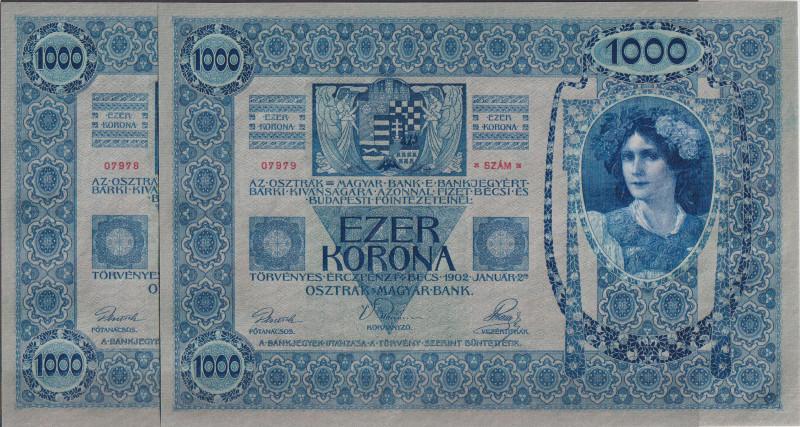 1000 Koruna 1902, series 1305, sequence of two consecutive numbers 07878 and 079...