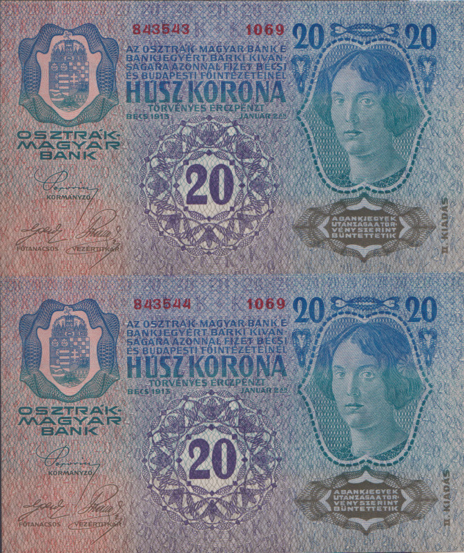 20 Koruna 1913, II.issue, series 1069, sequence of two consecutive numbers 84354...